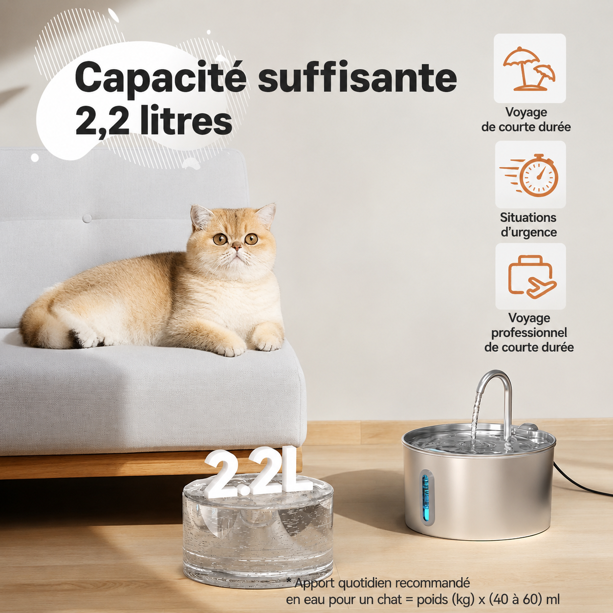 Fontaine Inox Premium™ 2,2 L – Silencieuse et hygiénique